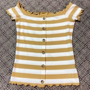 AERO Aeropostale White Mustard Yellow Gold Button Striped Ruffled Neck Tee * S